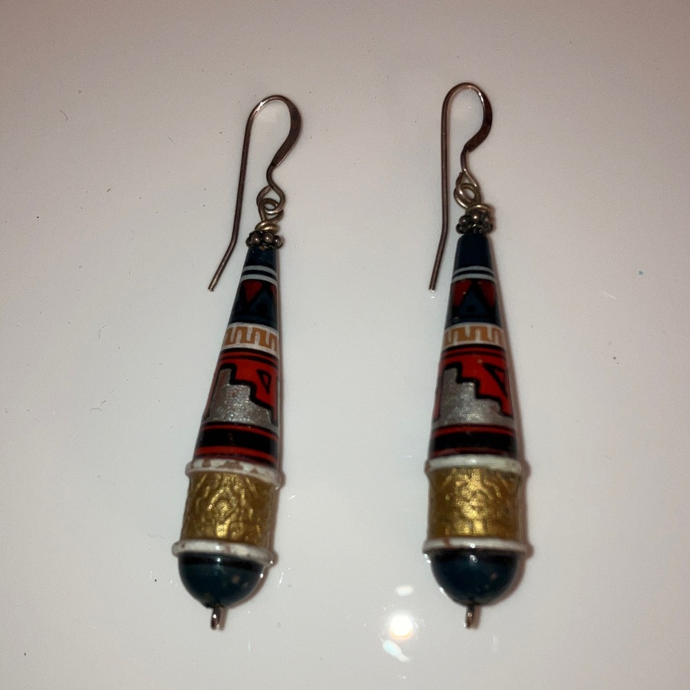Hand-painted Peruvian ceramic bead dangle earrings with French hooks.